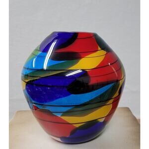 Multicolor Abstract Hand Blown Art Glass Vase.  Vis style. Approx. 6"x5"